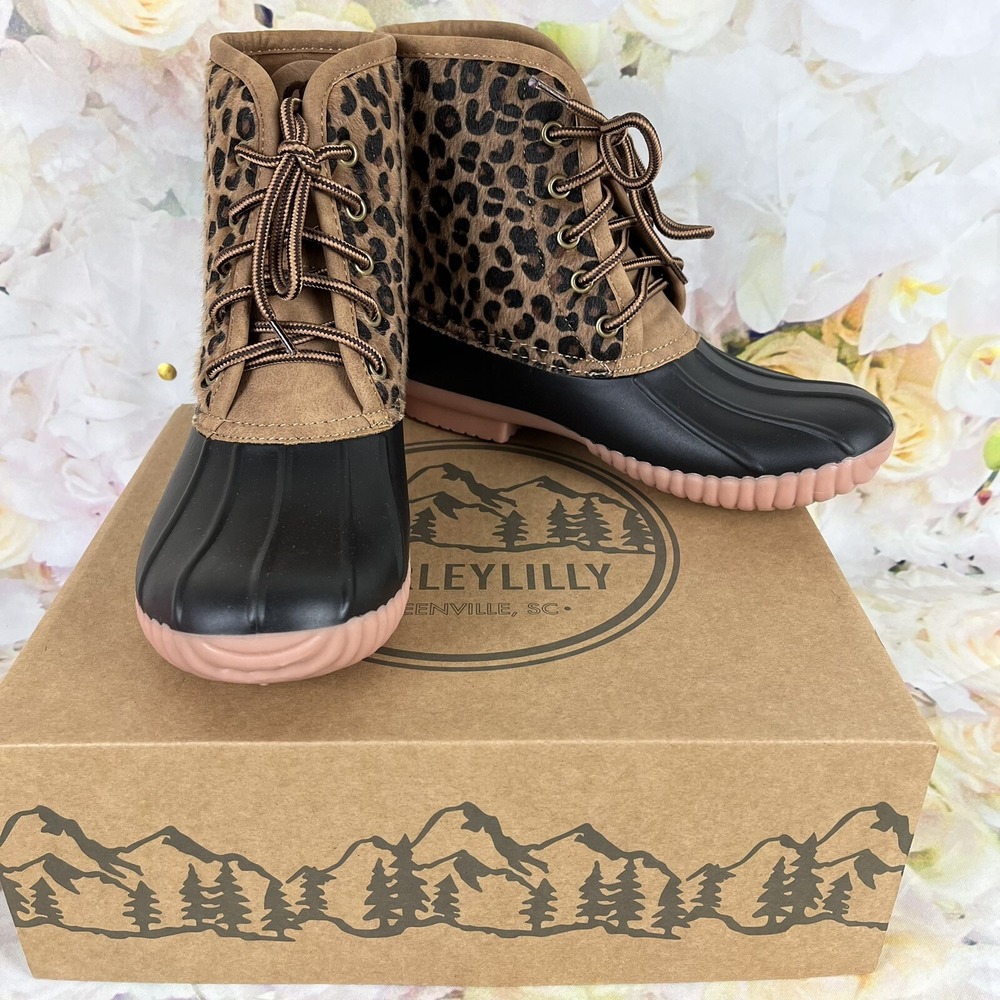 Marley Lilly Duck Boots Size 6 Womens Leopard Cheetah Faux Fur SSM Monogram NEW